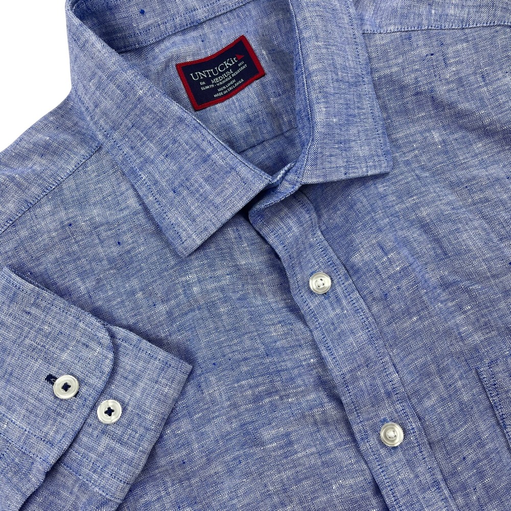 UNTUCKit Men Medium Blue 100% Linen VIN Slim Wrinkle Resistant Button Down Shirt